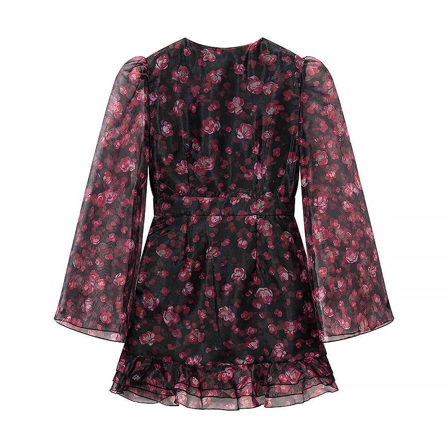 Spring Chiffon Dress Deep V Plunge neck Floral Printed Ruffles Long Sleeve Short Dress