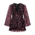 Spring Chiffon Dress Deep V Plunge neck Floral Printed Ruffles Long Sleeve Short Dress
