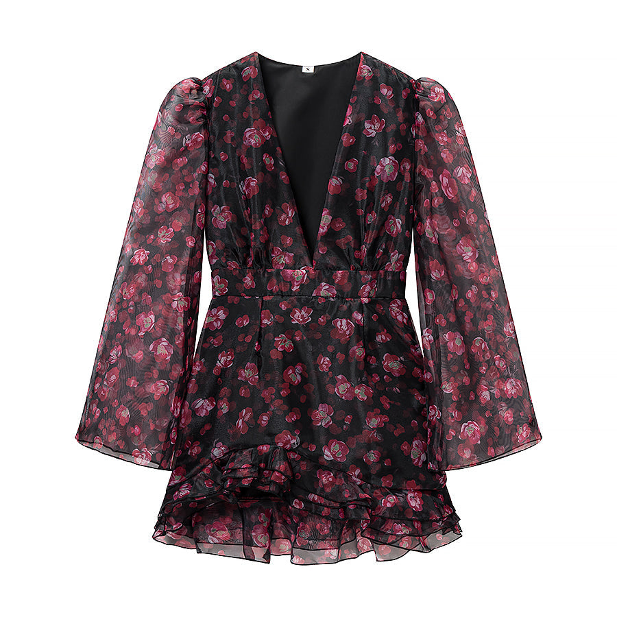 Spring Chiffon Dress Deep V Plunge neck Floral Printed Ruffles Long Sleeve Short Dress