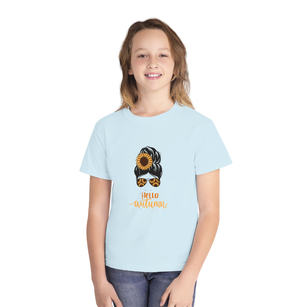 Youth Tee — "Hello Autumn" Sunflower Messy Bun Graphic