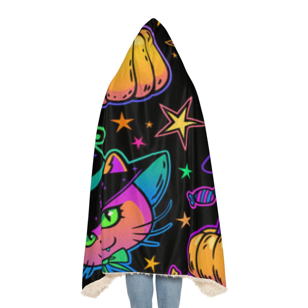 Halloween Cat Snuggle Blanket – Neon Witch Kitty Plush Throw with Pumpkins