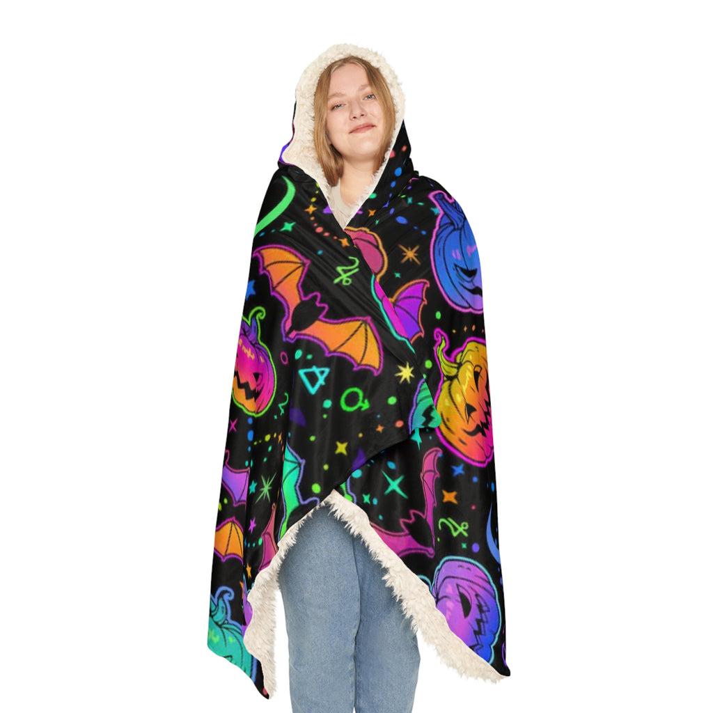 Halloween Hooded Blanket - Neon Jack-o'-Lanterns & Bats Snuggle Throw