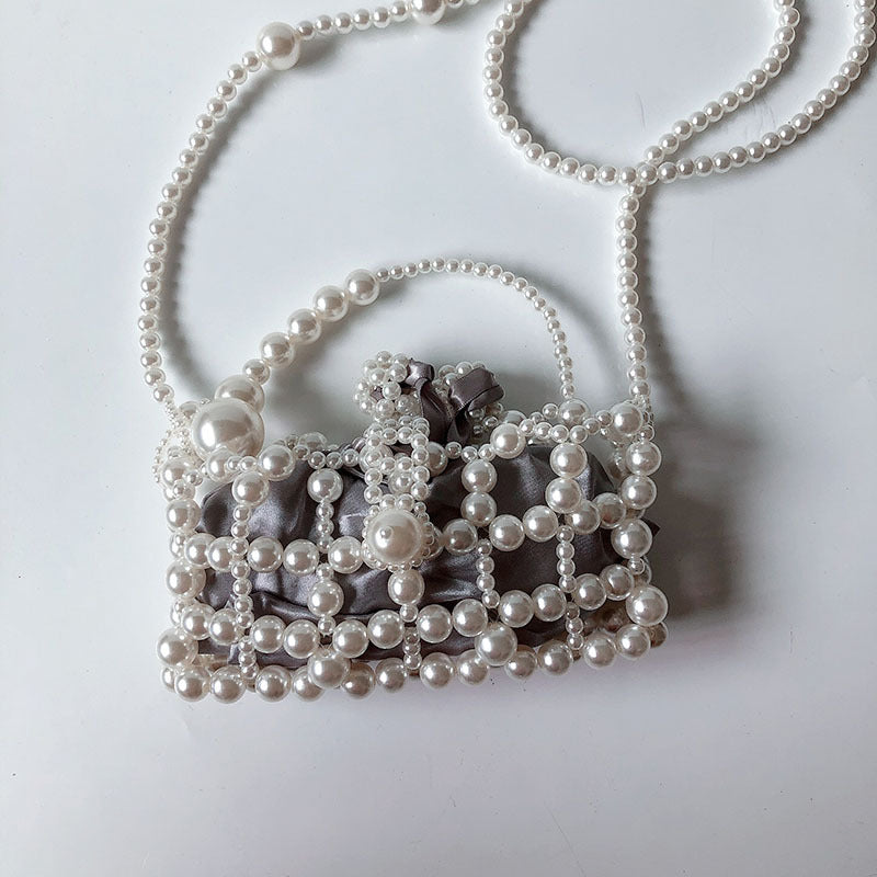 Portable Imitation Pearl Small Bag Hollow Out Cutout Women One Shoulder Crossbody Bag Handmade Beaded Internet Celebrity Mini Bag