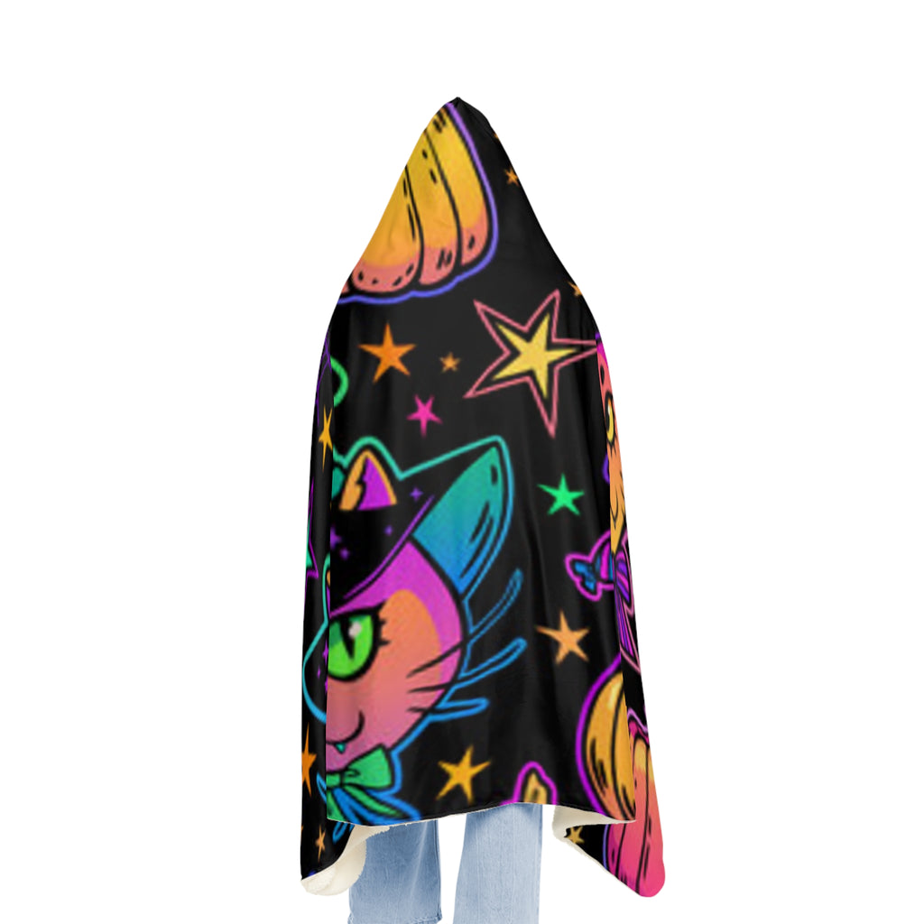 Halloween Cat Snuggle Blanket – Neon Witch Kitty Plush Throw with Pumpkins