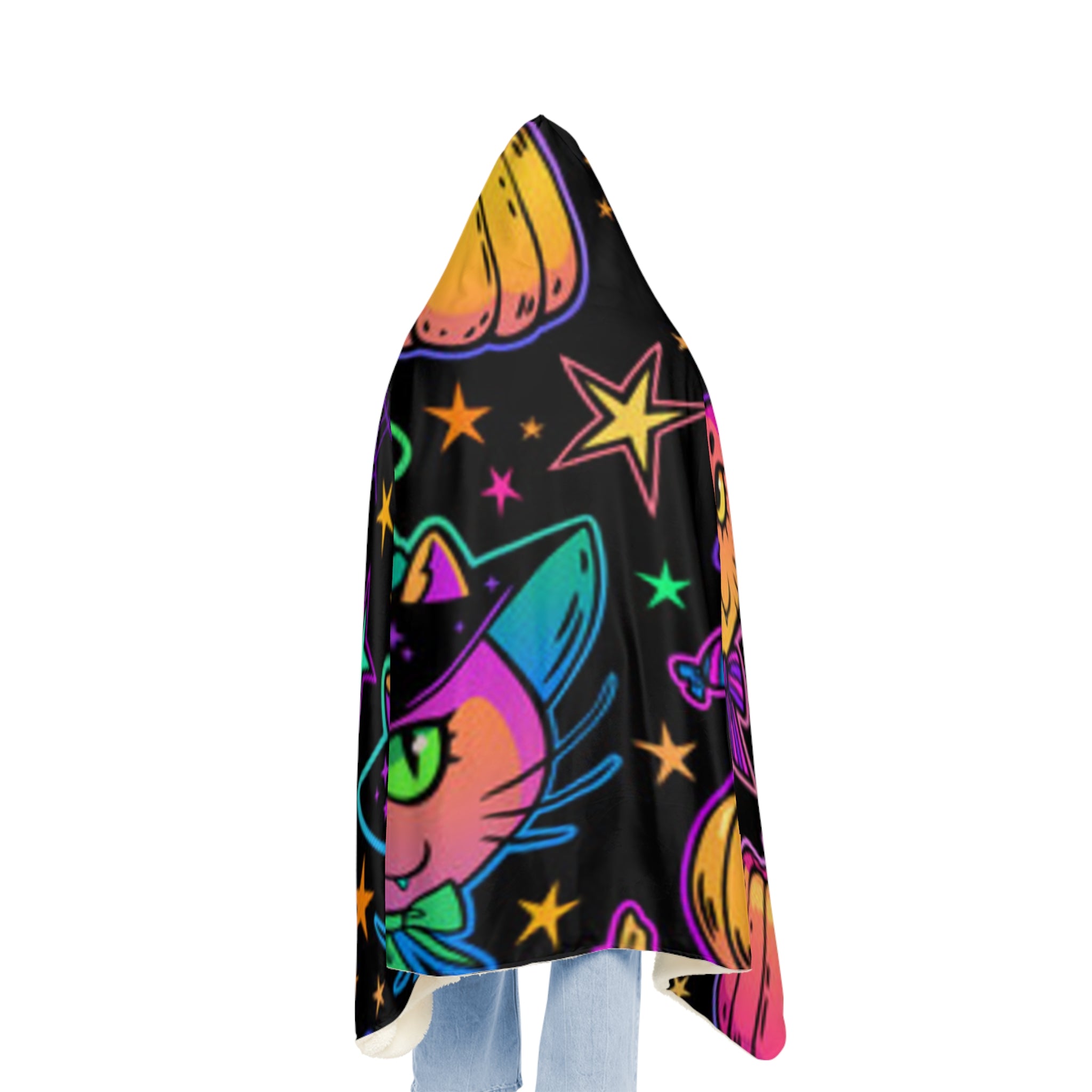 Halloween Cat Snuggle Blanket – Neon Witch Kitty Plush Throw with Pumpkins