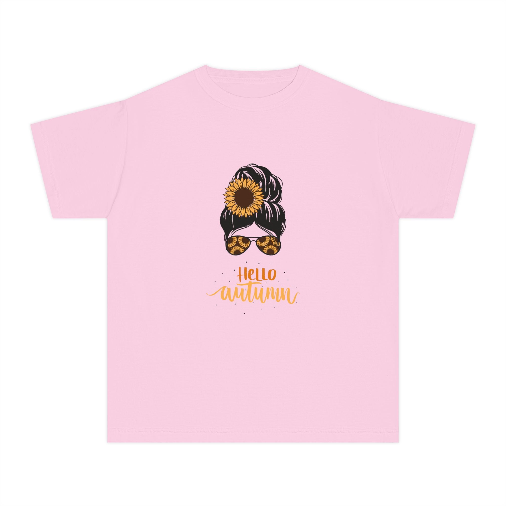 Youth Tee — "Hello Autumn" Sunflower Messy Bun Graphic