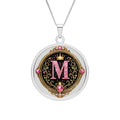 Monogram 'M' Round Photo Pendant — Personalized Initial Necklace with Pink Gem Accents