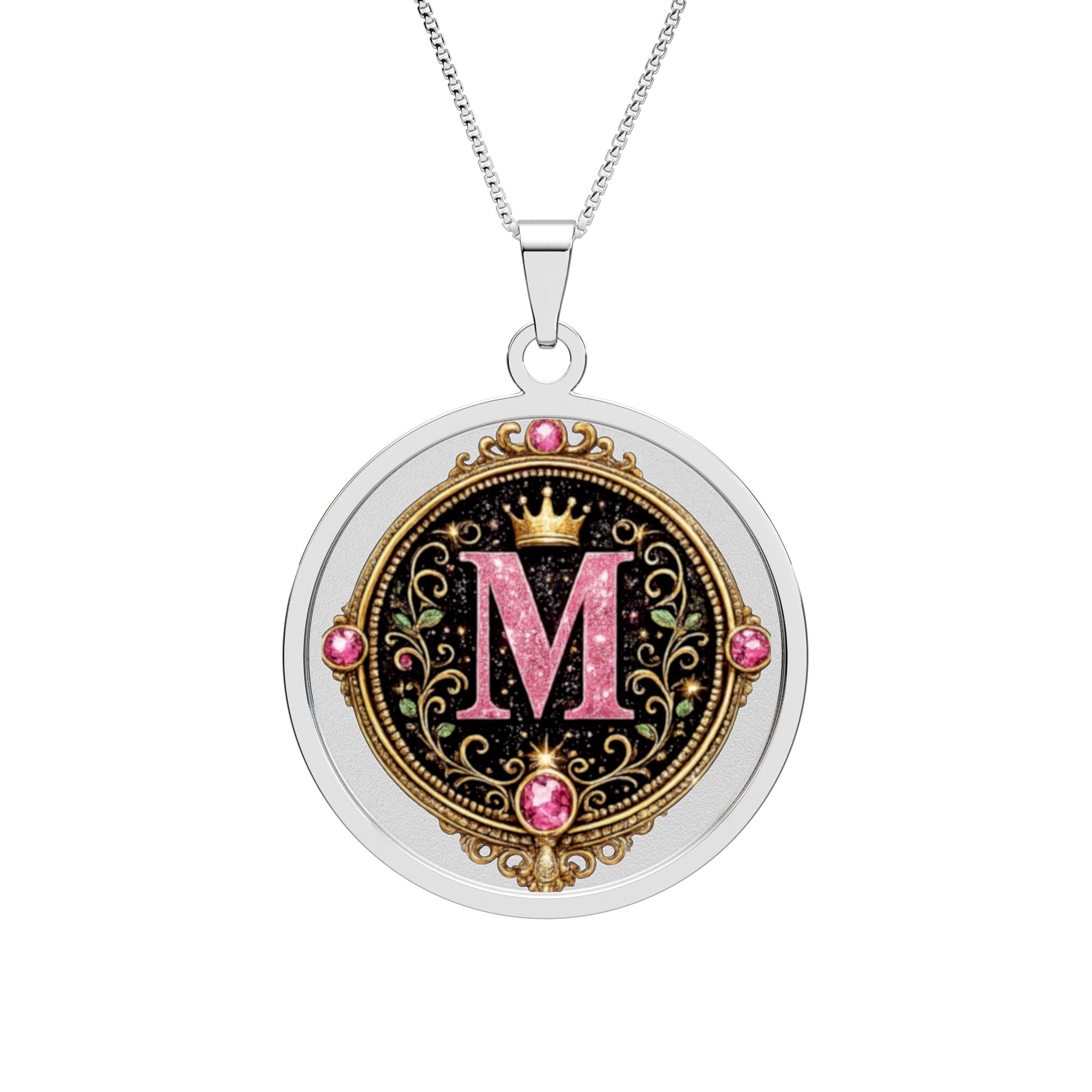 Monogram 'M' Round Photo Pendant — Personalized Initial Necklace with Pink Gem Accents