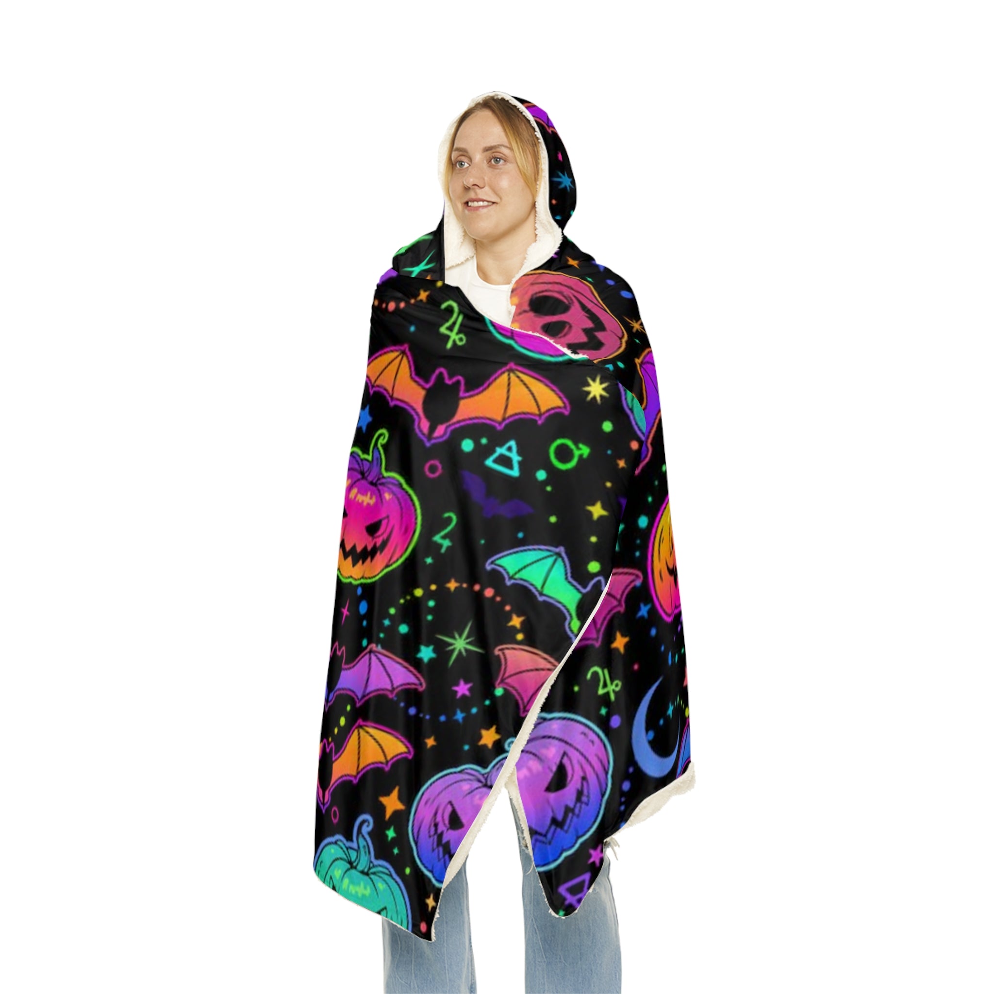 Halloween Hooded Blanket - Neon Jack-o'-Lanterns & Bats Snuggle Throw