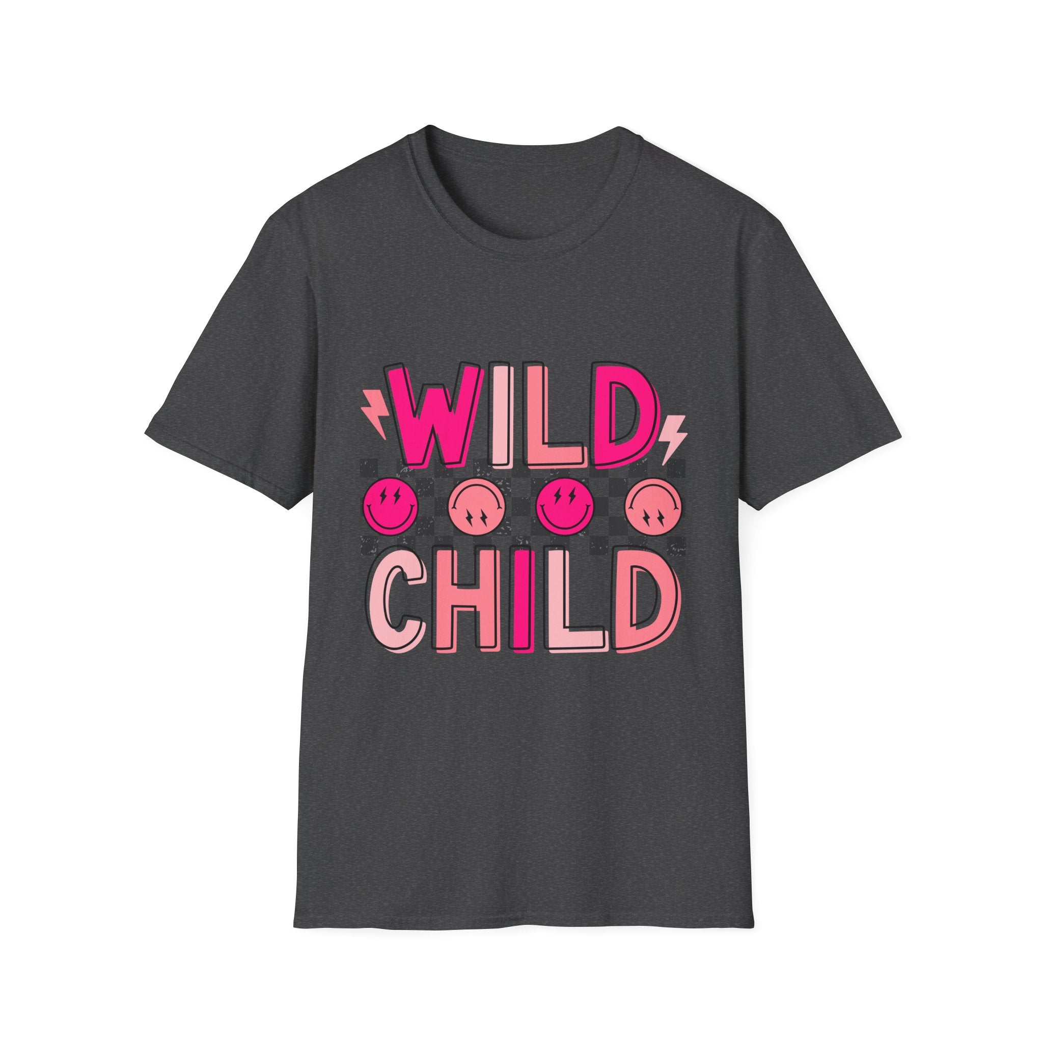 Wild Child T-Shirt — Pink Checkerboard Smiley Retro Tee