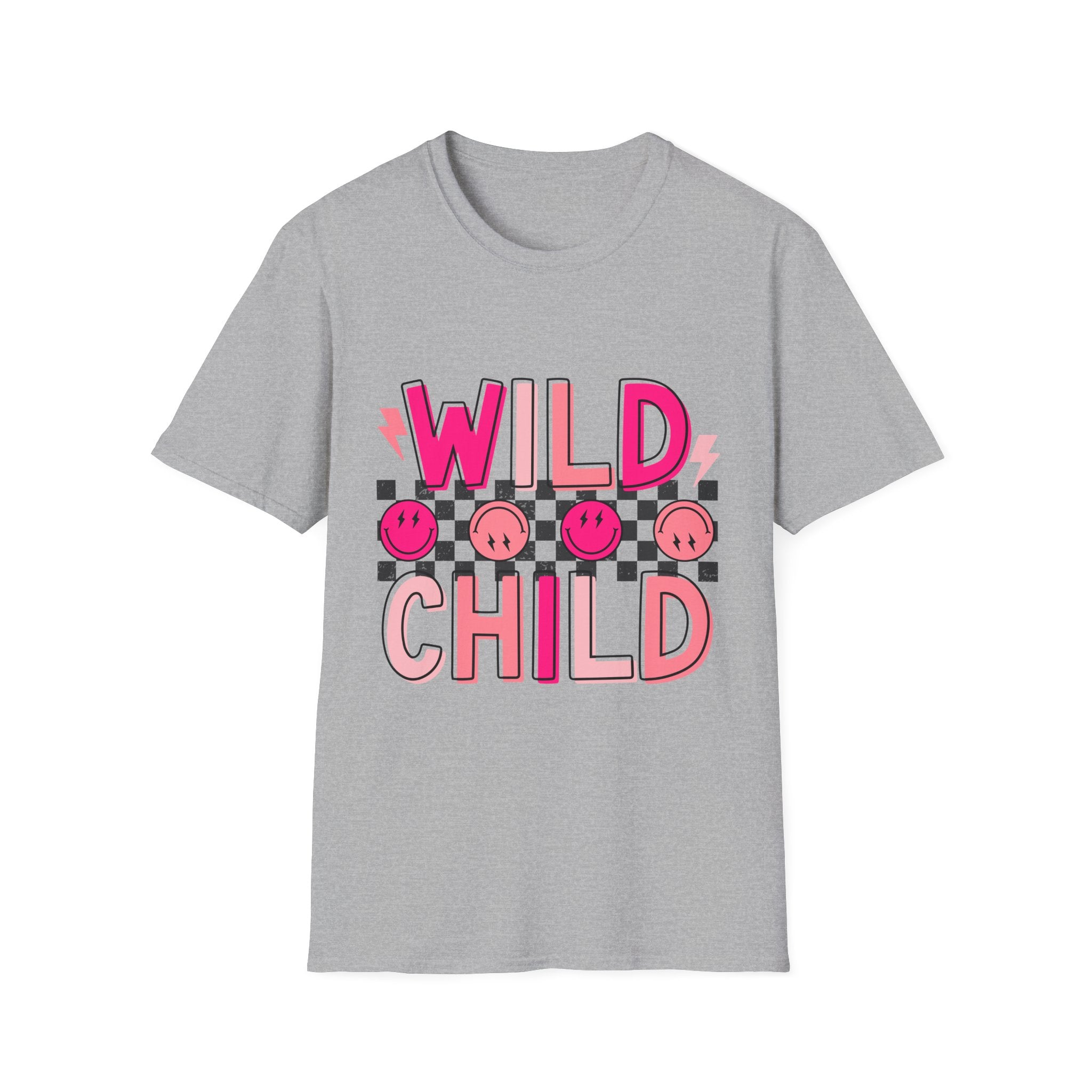 Wild Child T-Shirt — Pink Checkerboard Smiley Retro Tee