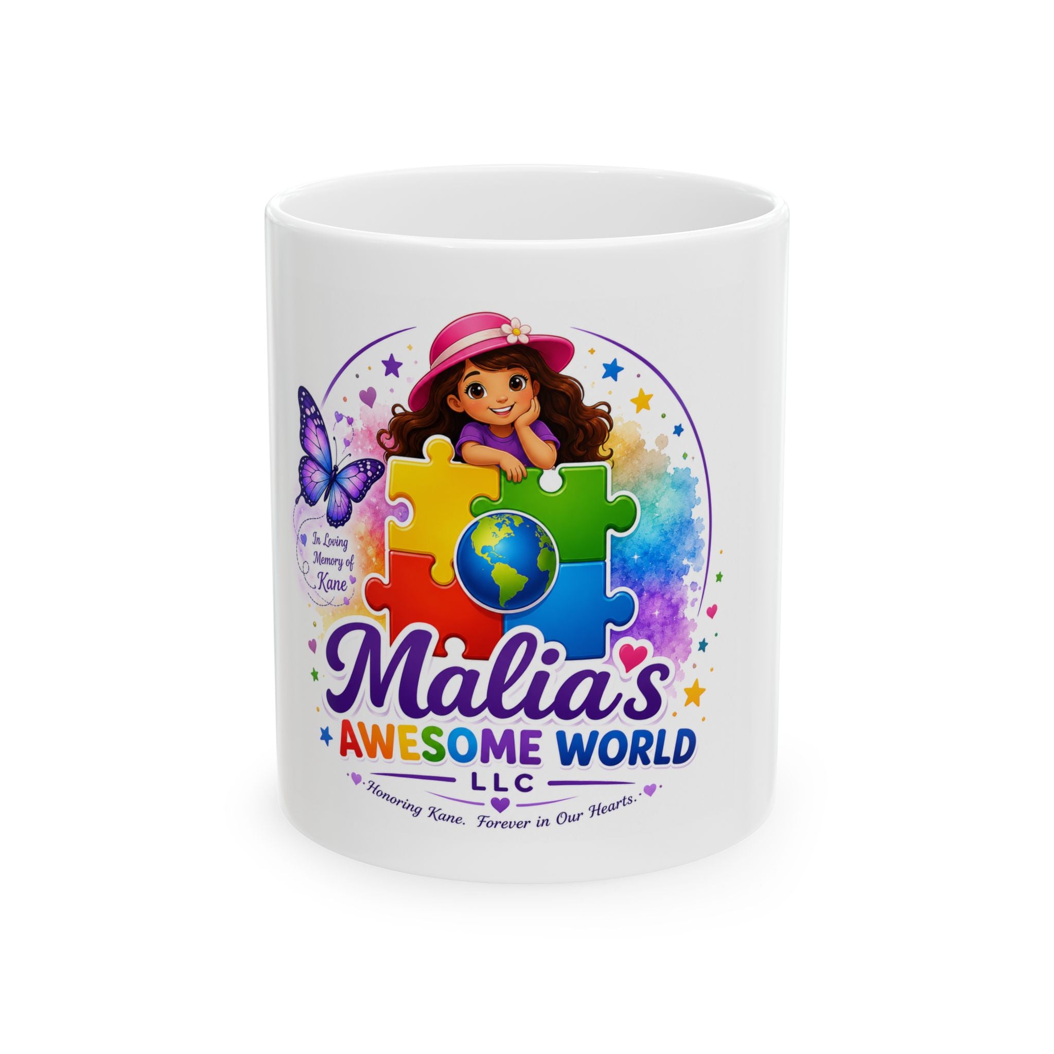 Autism Awareness Puzzle Globe Mug — “Malia’s Awesome World” Ceramic Coffee Cup (11oz, 15oz)