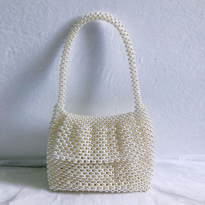 Handmade Beaded Bag Casual Women One Shoulder Dumpling Bag Simple Imitation Pearl Handbag