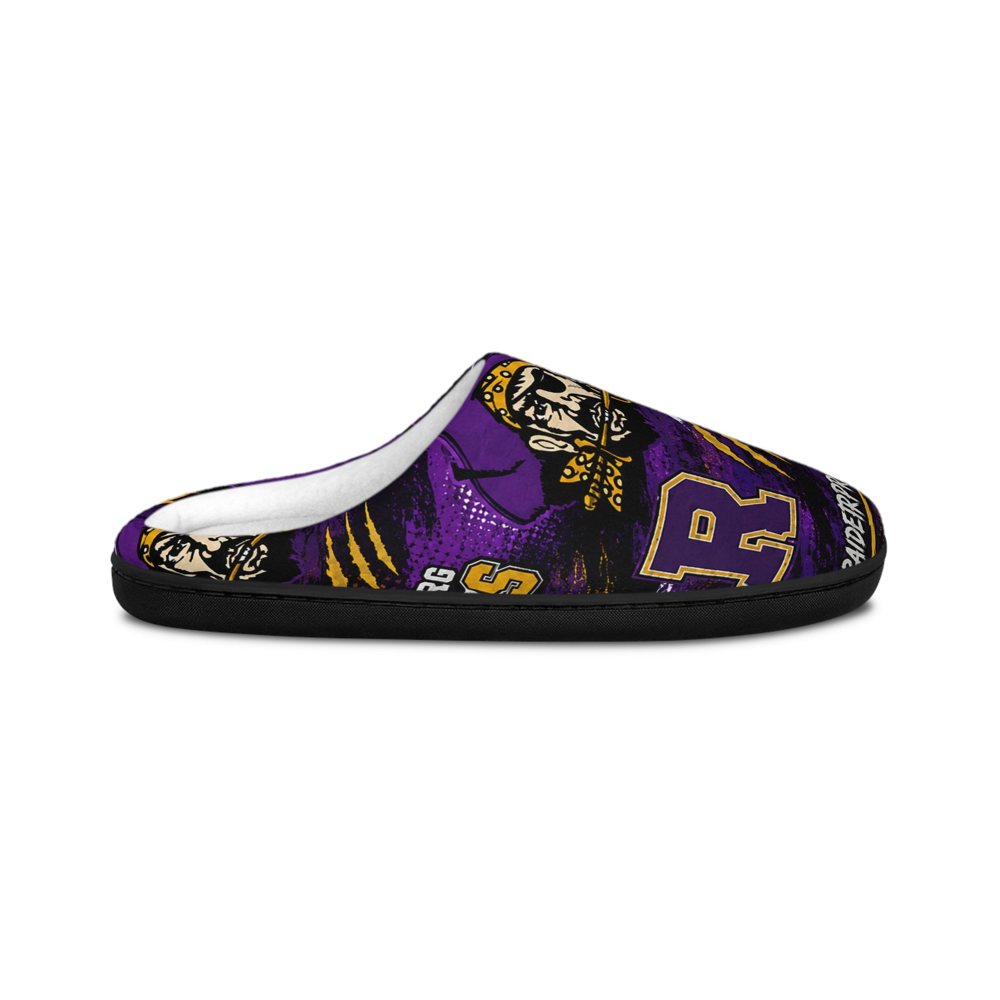 Pirate Logo Men's Indoor Slippers — Purple Sports Team Design