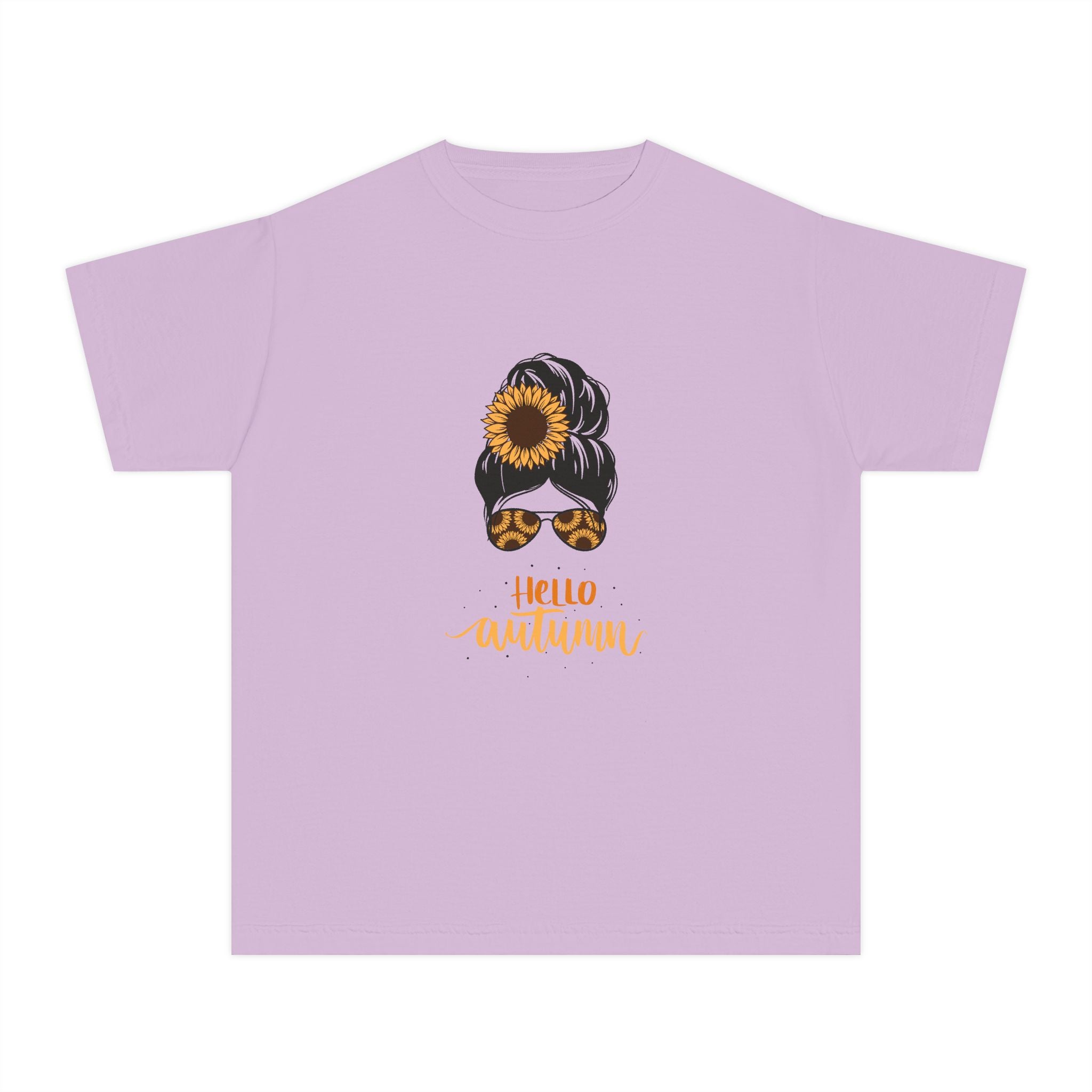 Youth Tee — "Hello Autumn" Sunflower Messy Bun Graphic