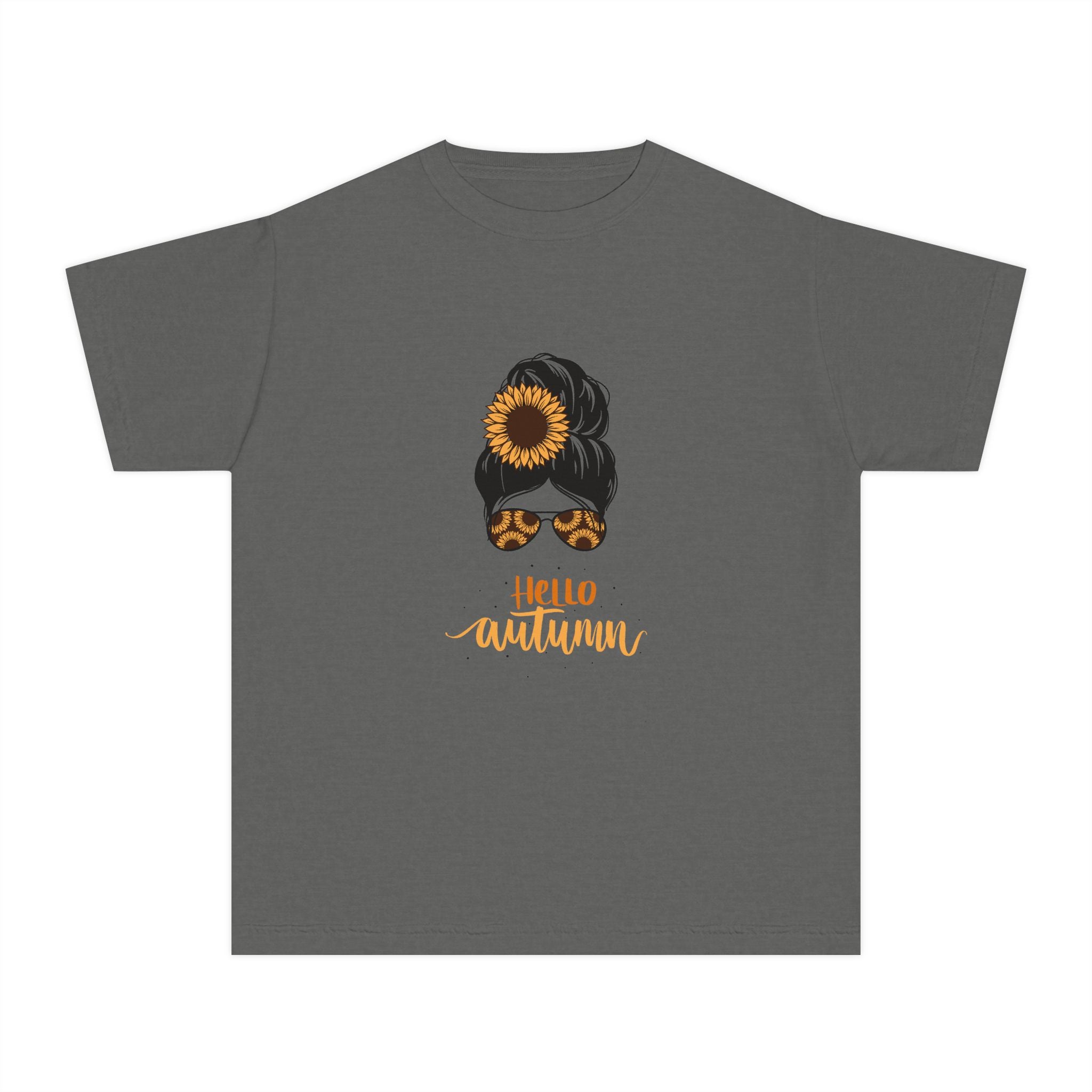 Youth Tee — "Hello Autumn" Sunflower Messy Bun Graphic