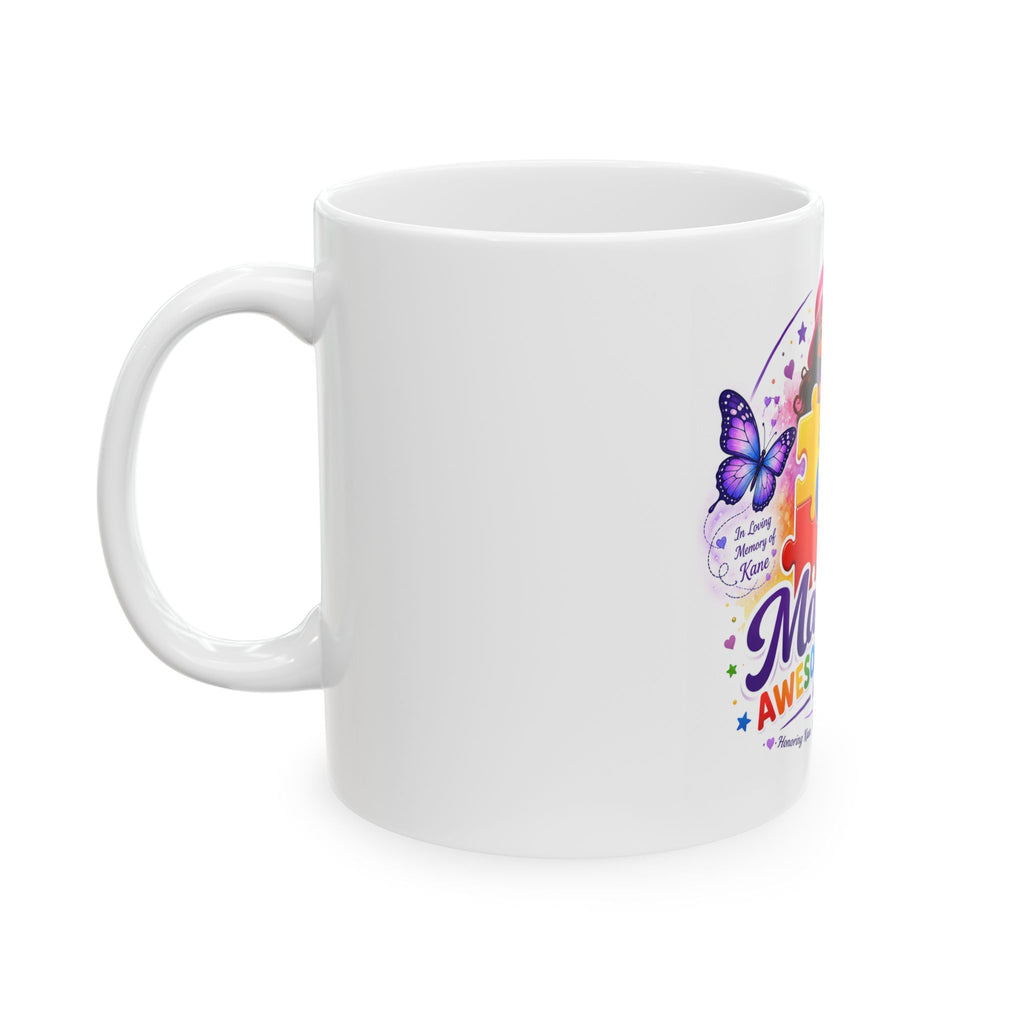 Autism Awareness Puzzle Globe Mug — “Malia’s Awesome World” Ceramic Coffee Cup (11oz, 15oz)