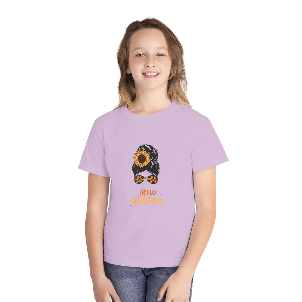 Youth Tee — "Hello Autumn" Sunflower Messy Bun Graphic