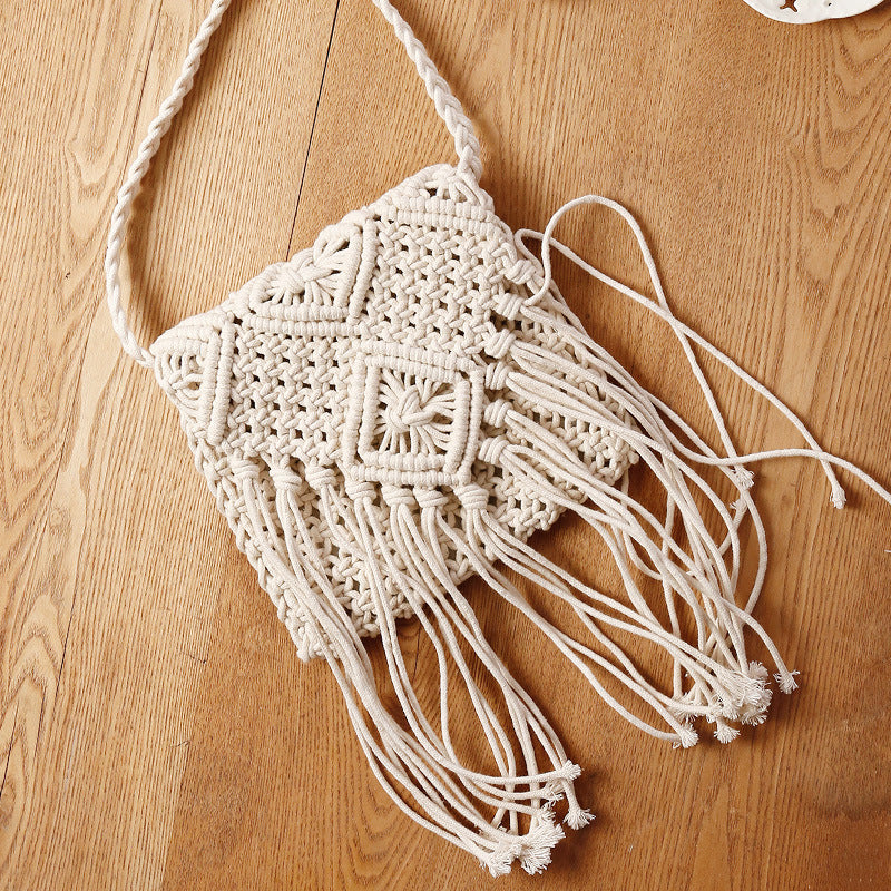 Simple Tassel Crossbody Straw Bag Korean Retro Shoulder Cotton Thread Woven Bag Summer Beach Bag