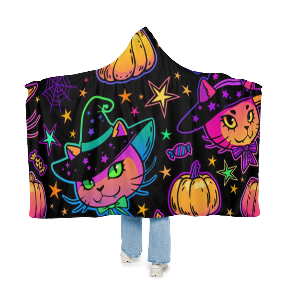 Halloween Cat Snuggle Blanket – Neon Witch Kitty Plush Throw with Pumpkins