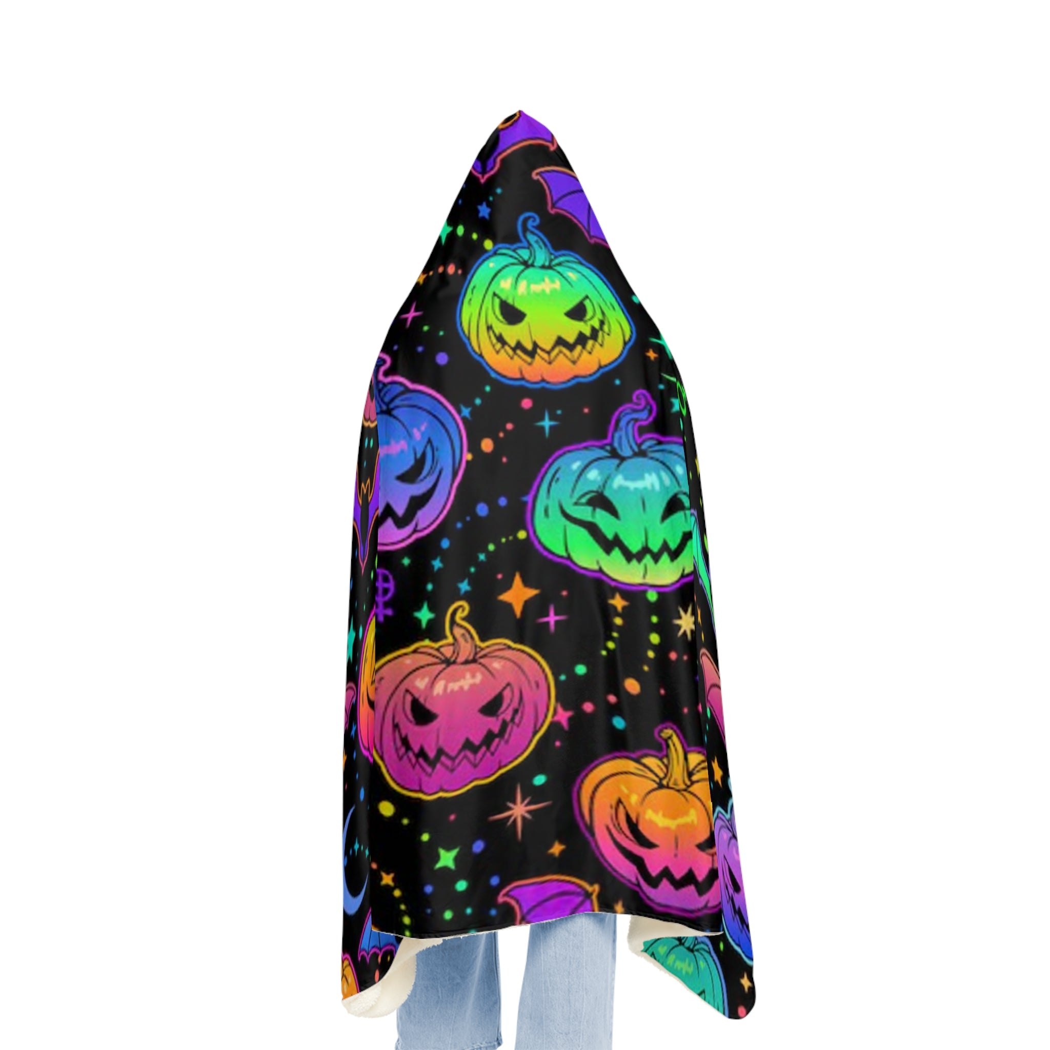 Halloween Hooded Blanket - Neon Jack-o'-Lanterns & Bats Snuggle Throw