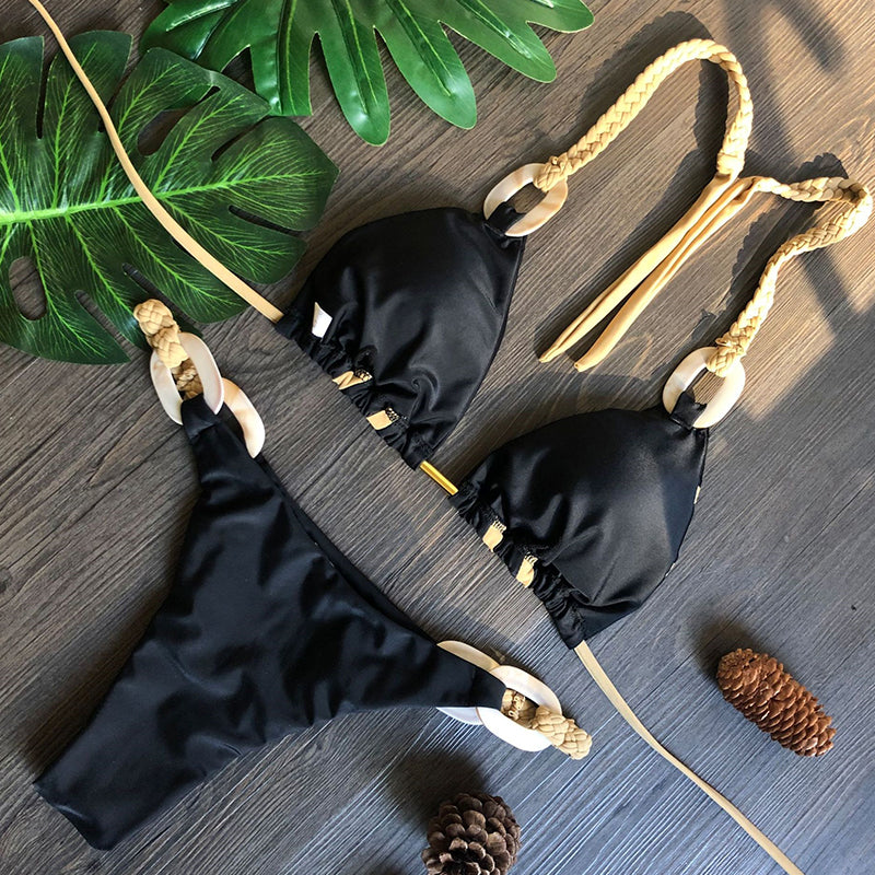 Halter Swimsuit Women High Cut Bathing Suit Triangle Bikini Set Bathers Patchwork Swimwear Women Micro Biquini