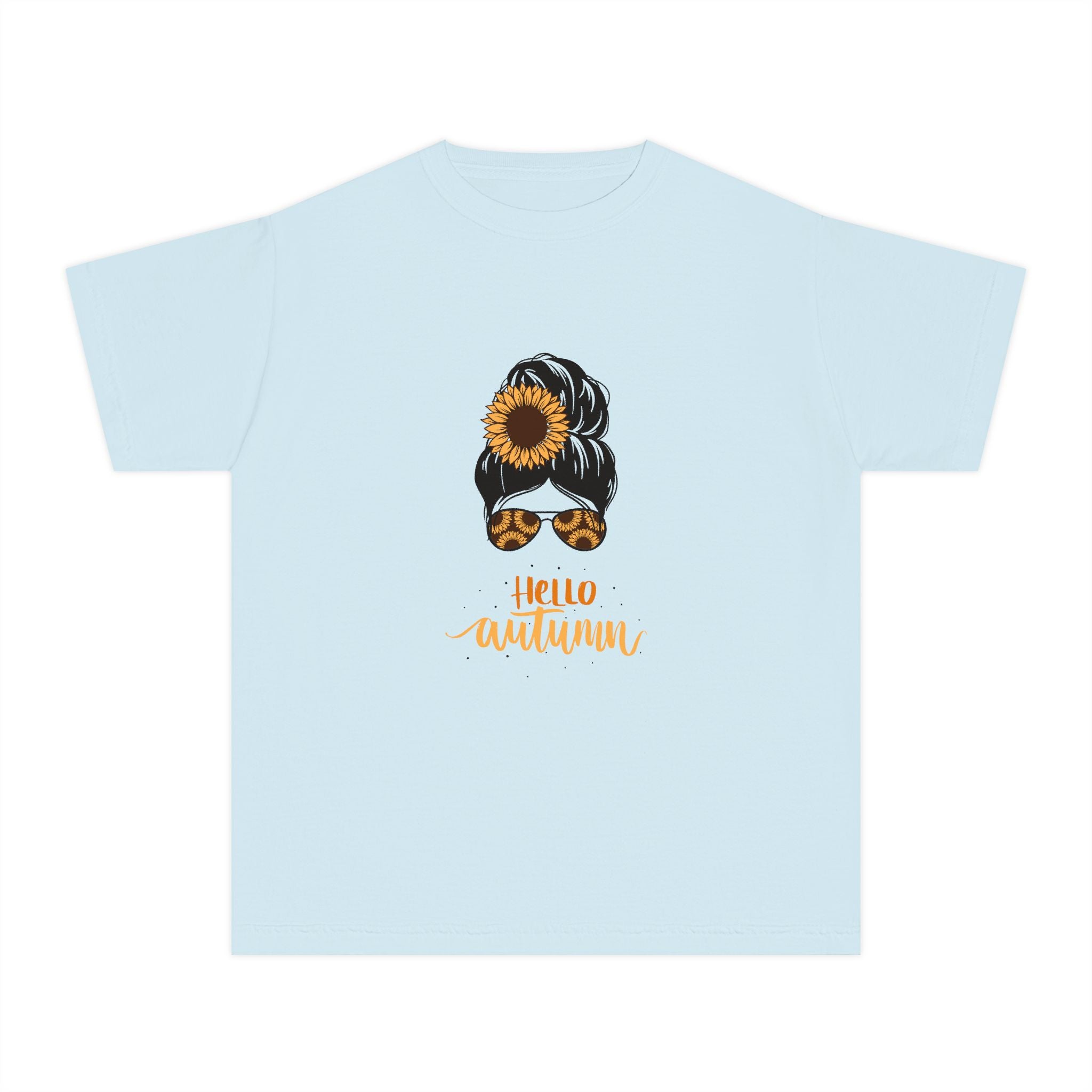 Youth Tee — "Hello Autumn" Sunflower Messy Bun Graphic