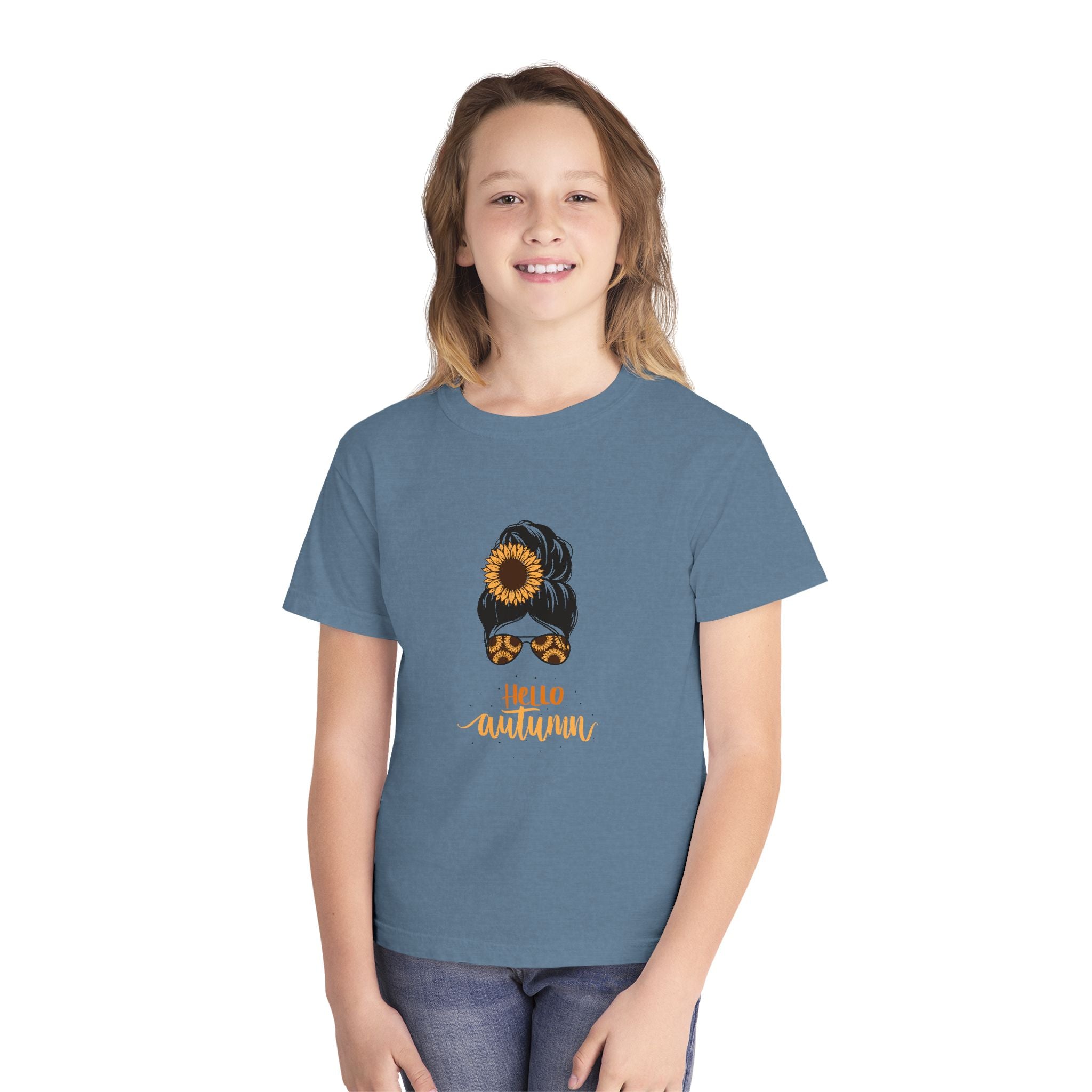 Youth Tee — "Hello Autumn" Sunflower Messy Bun Graphic
