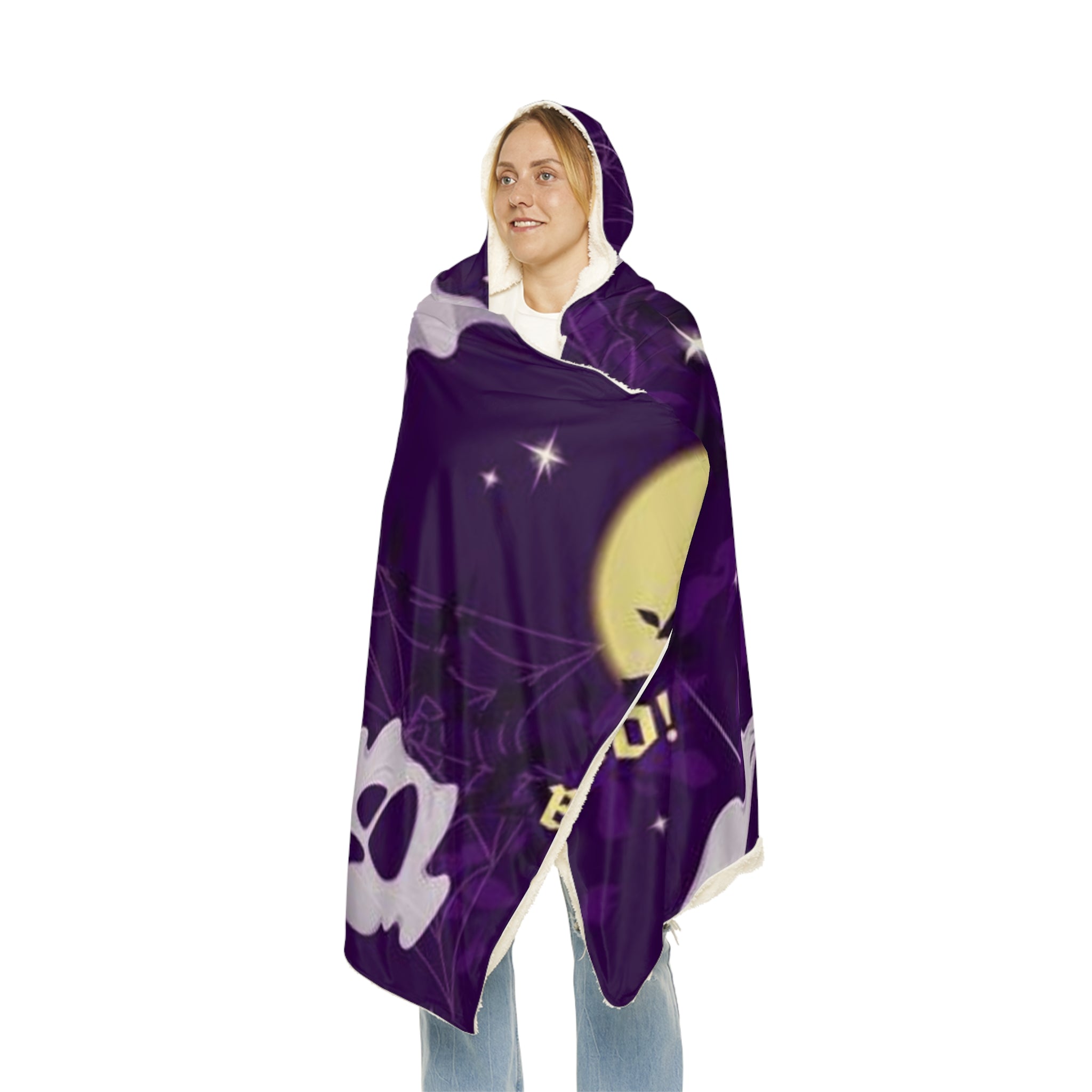 Halloween Boo Hooded Blanket – Purple Ghosts & Moon Snuggle Throw