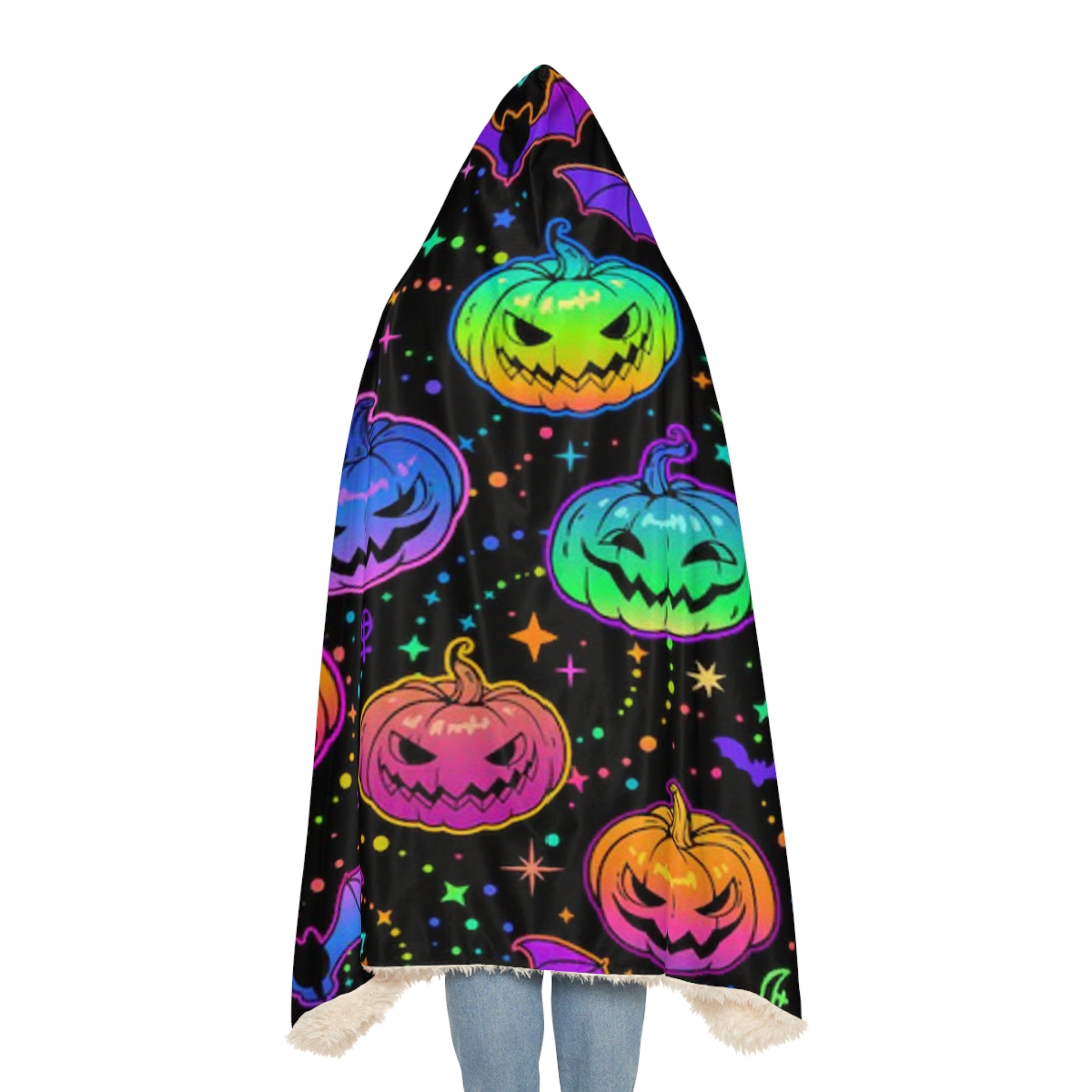 Halloween Hooded Blanket - Neon Jack-o'-Lanterns & Bats Snuggle Throw