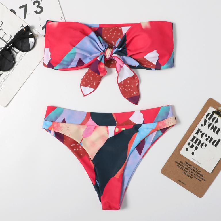 High waist bikini print swimsuit women Knot 2 pieces set Color block swimwear Women Off shoulder bathing suit Vintage