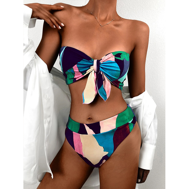 High waist bikini print swimsuit women Knot 2 pieces set Color block swimwear Women Off shoulder bathing suit Vintage