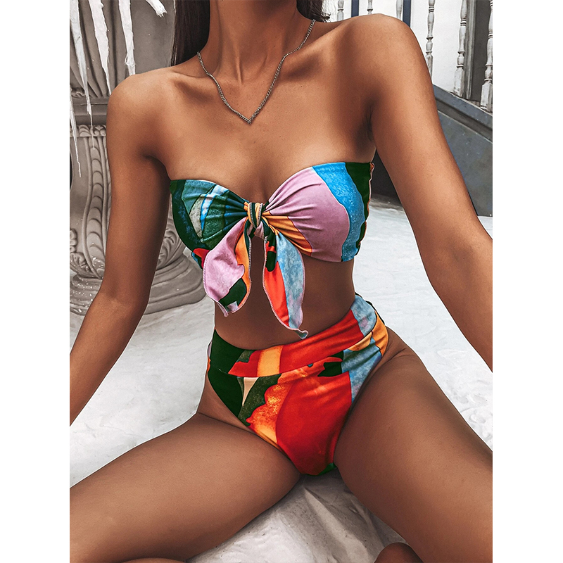 High waist bikini print swimsuit women Knot 2 pieces set Color block swimwear Women Off shoulder bathing suit Vintage