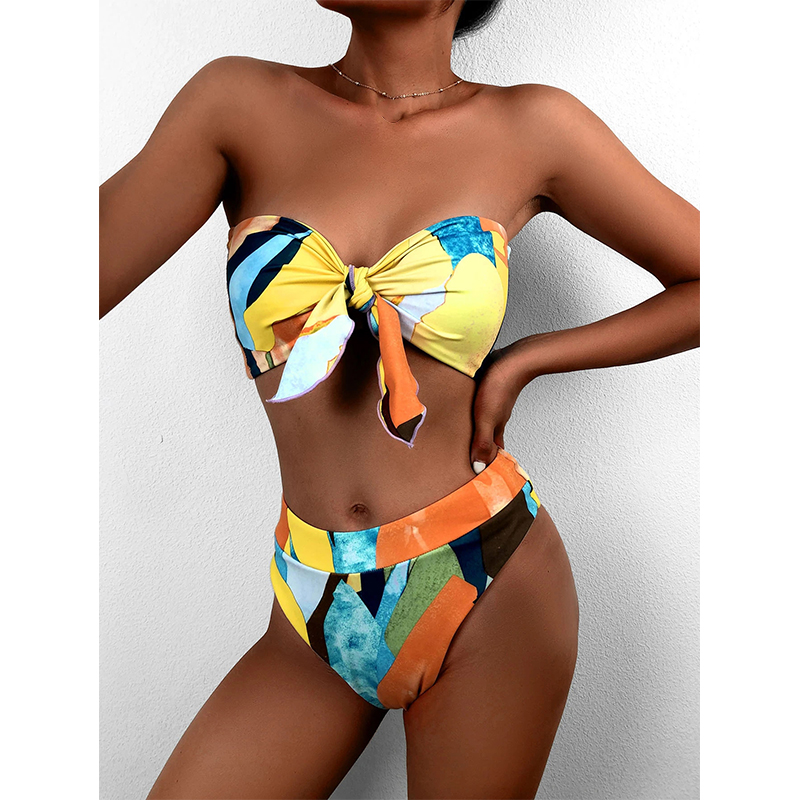 High waist bikini print swimsuit women Knot 2 pieces set Color block swimwear Women Off shoulder bathing suit Vintage
