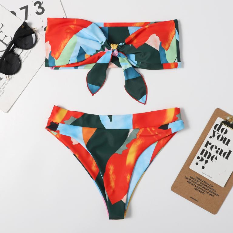 High waist bikini print swimsuit women Knot 2 pieces set Color block swimwear Women Off shoulder bathing suit Vintage