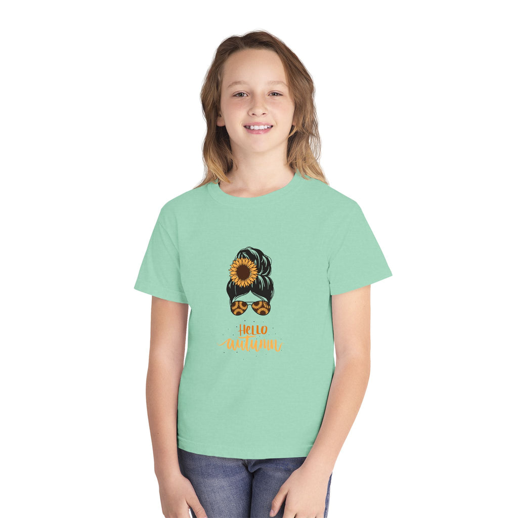 Youth Tee — "Hello Autumn" Sunflower Messy Bun Graphic
