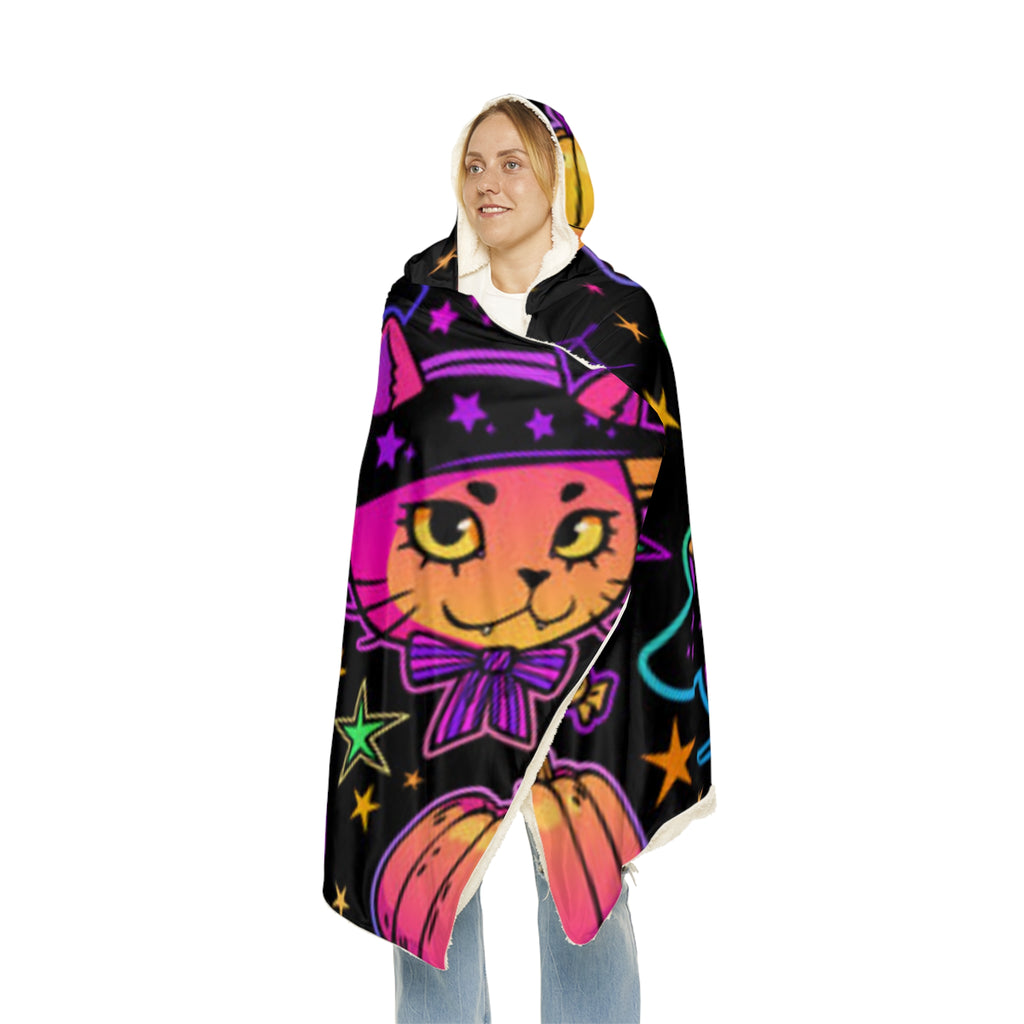 Halloween Cat Snuggle Blanket – Neon Witch Kitty Plush Throw with Pumpkins