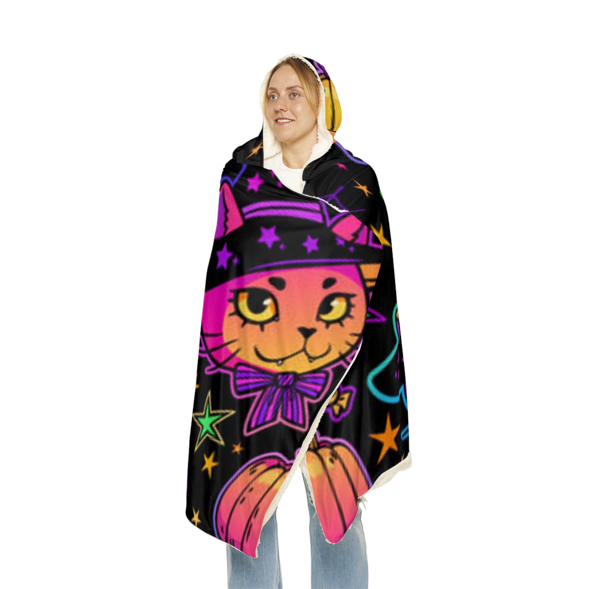 Halloween Cat Snuggle Blanket – Neon Witch Kitty Plush Throw with Pumpkins