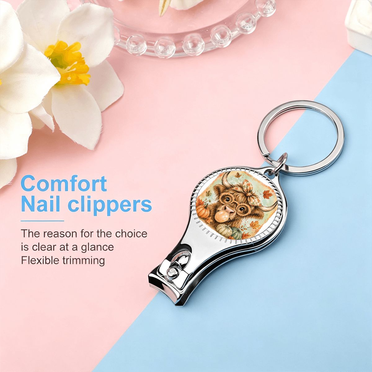 Keychain Nail Clippers with Bottle Opener Brushstroke Fall Highland Cow Png