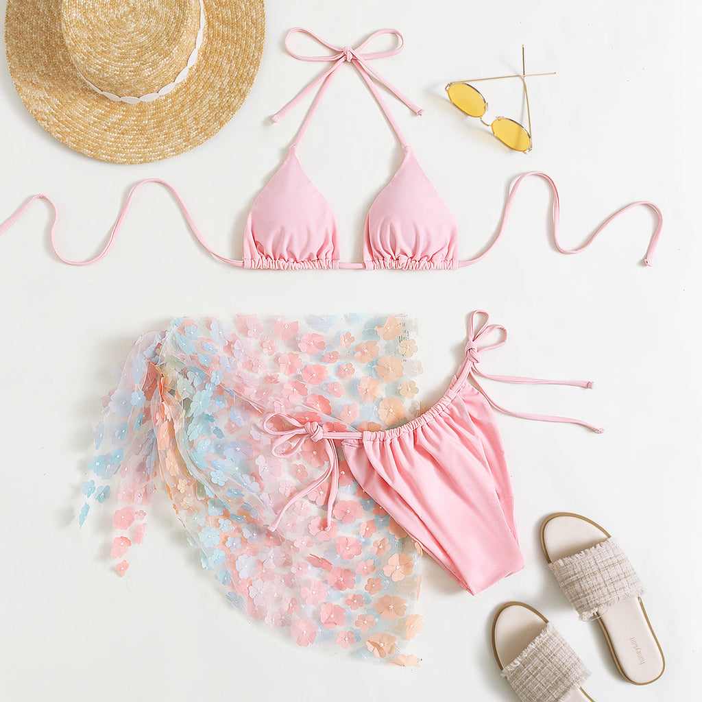 Bikini Swimsuit Women Three-Piece Suit Sexy Bikini Halter Lace-up Floral Gauze Skirt Swimsuit