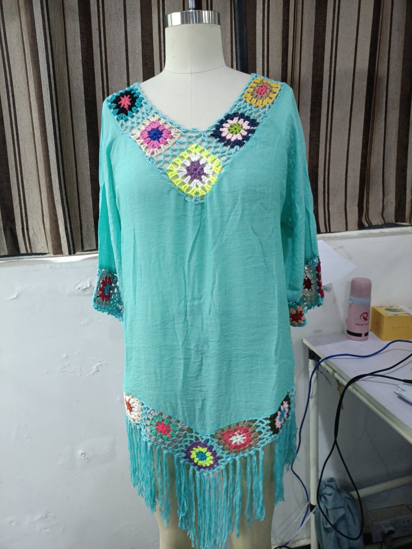 Spring Summer Women Clothing Net Red Lazy Beach Crocheted Blouse Mid-Length Dress