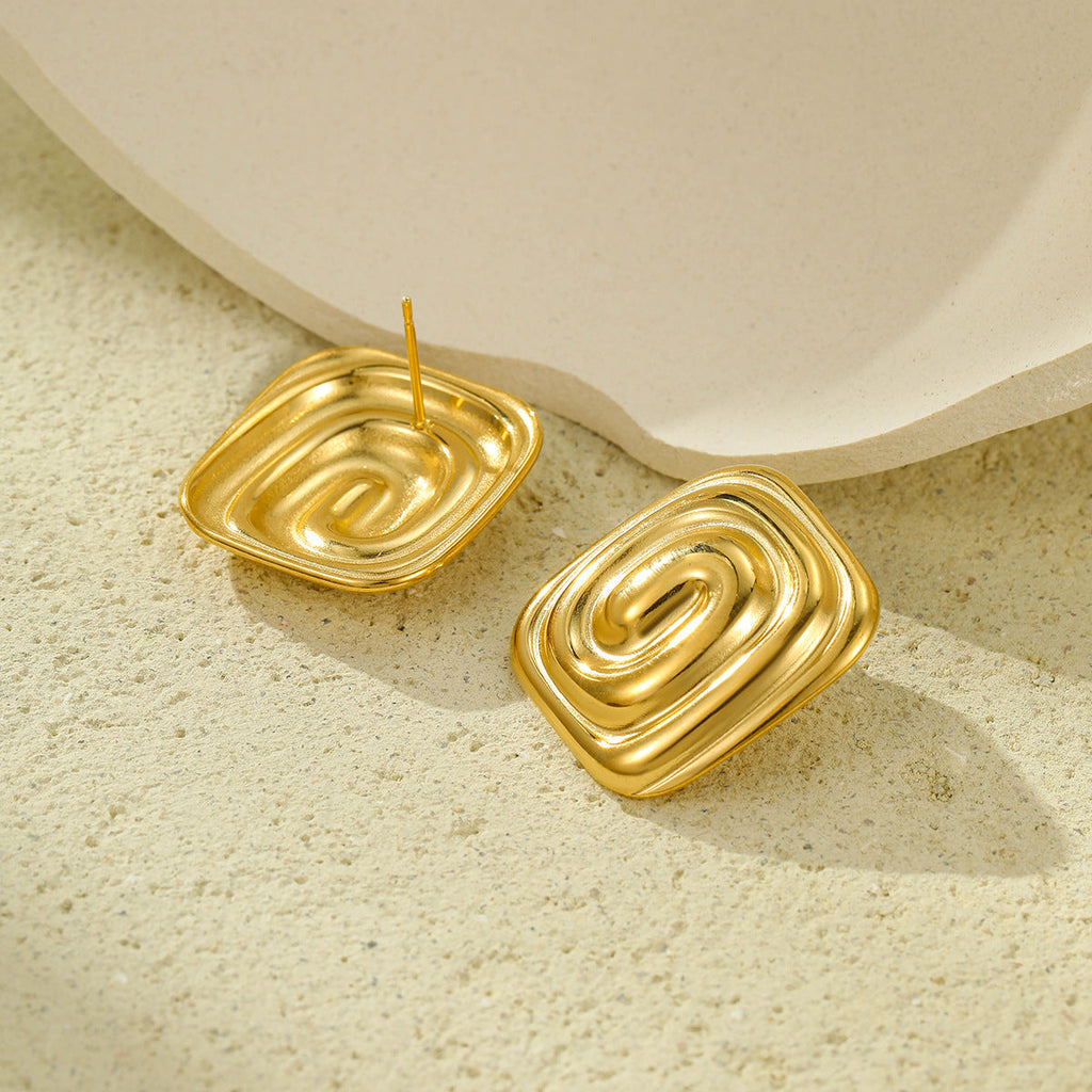 Gold Stainless Steel Rectangular Spiral Texture Titanium Steel Earrings Non Fading Stainless Steel Studs Women
