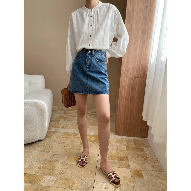Spring Lazy Elegant Striped Loose Lantern Sleeve Stand Collar Shirt Cotton