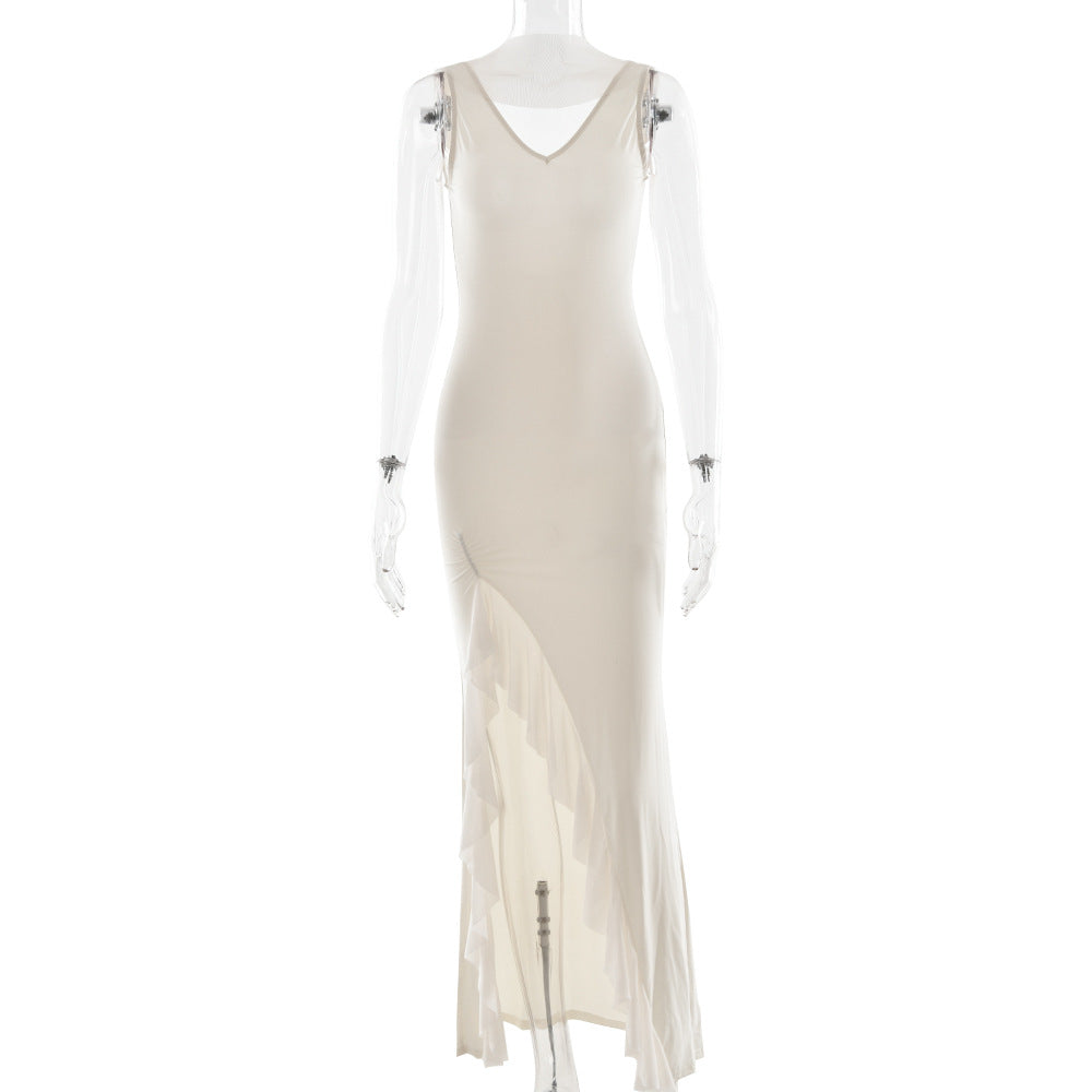 Summer Elegant Ribbon Women Dress Sexy Backless High Slit Ruffled Slim Dress