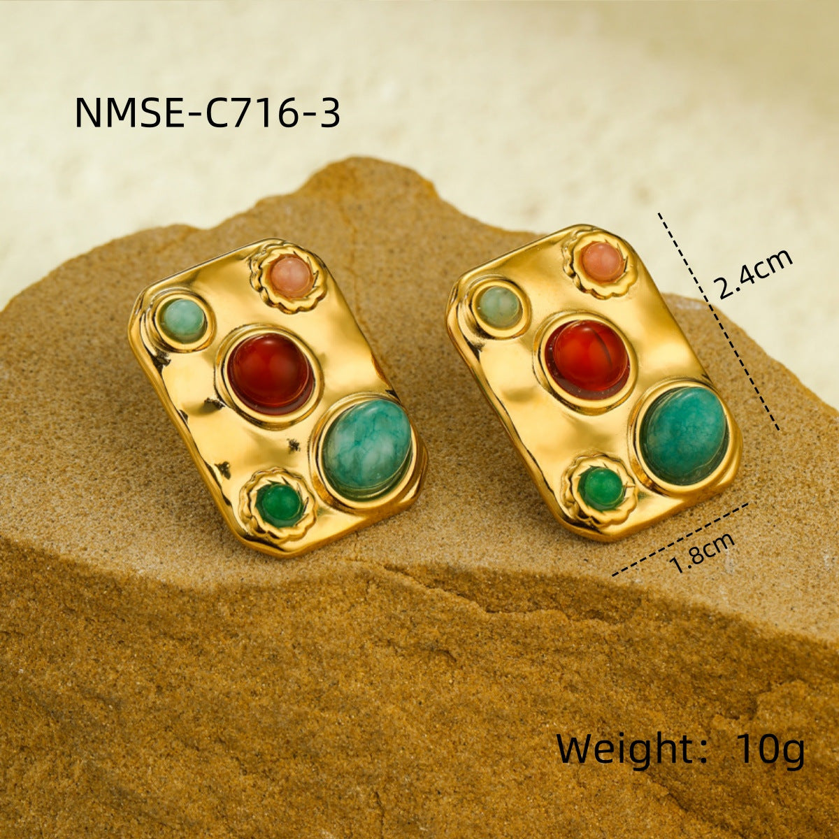 Exotic Square Color Natural Stone Titanium Steel Embellished Simple All-Match Sense Necklace Ring Set
