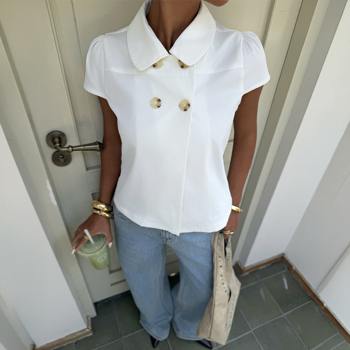 Spicy Girl Elegant Button Short Sleeve Shirt T shirt Top Women Clothing Summer