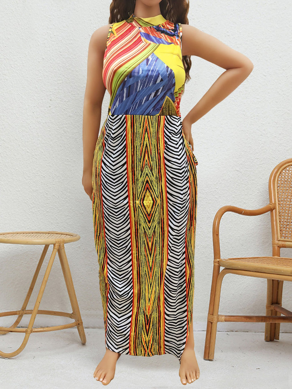 plus Size Women Women Clothing Summer Retro Mixed Color Printing Random Non Positioning Split Tied Dress
