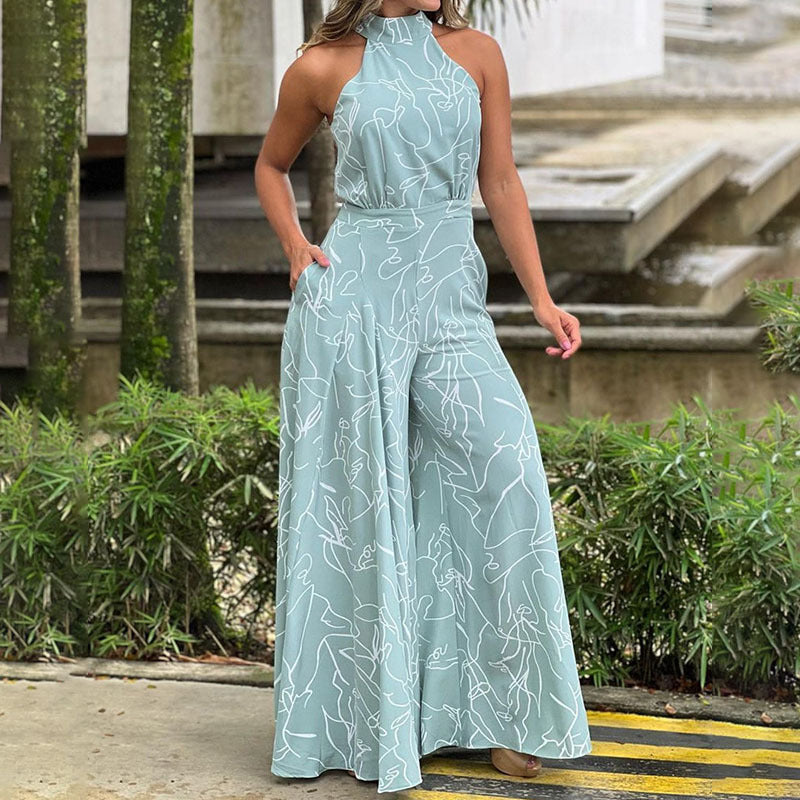Summer Women Clothing Elegant High Waist Lace up Sleeveless Halter Trousers Jumpsuit