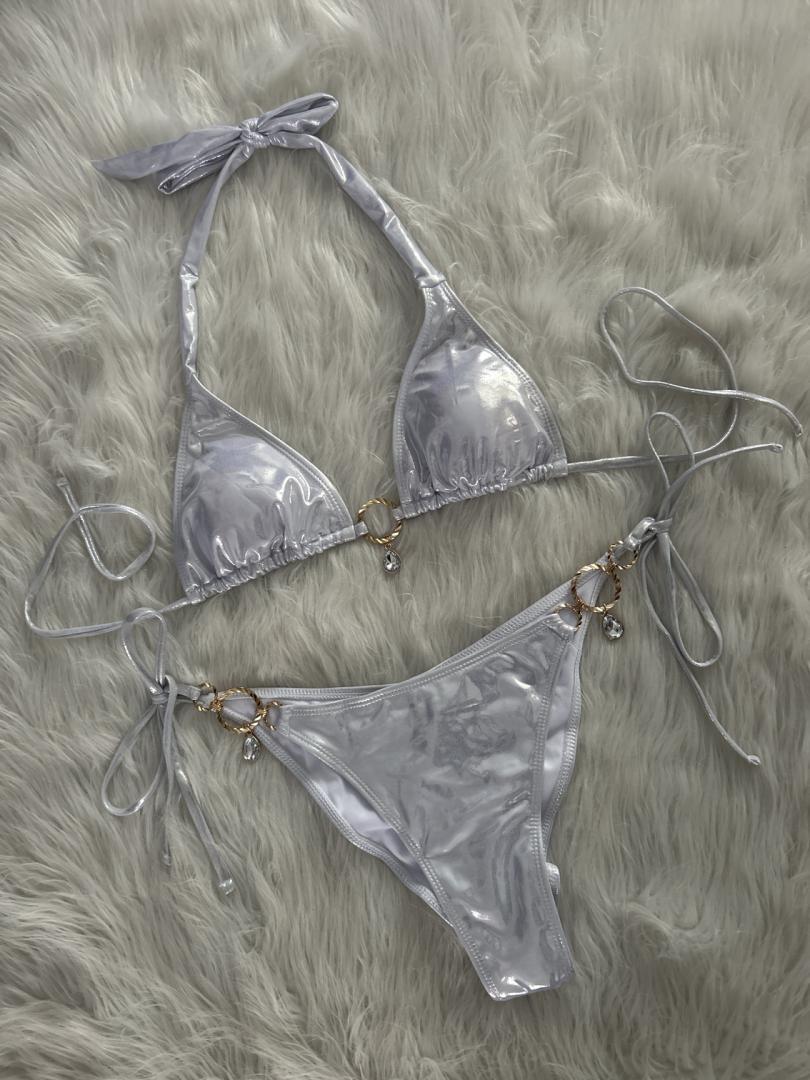 Bikini Swimsuit Split Bright Crystal Solid Color Sexy Beach Vacation Tied Swimsuit