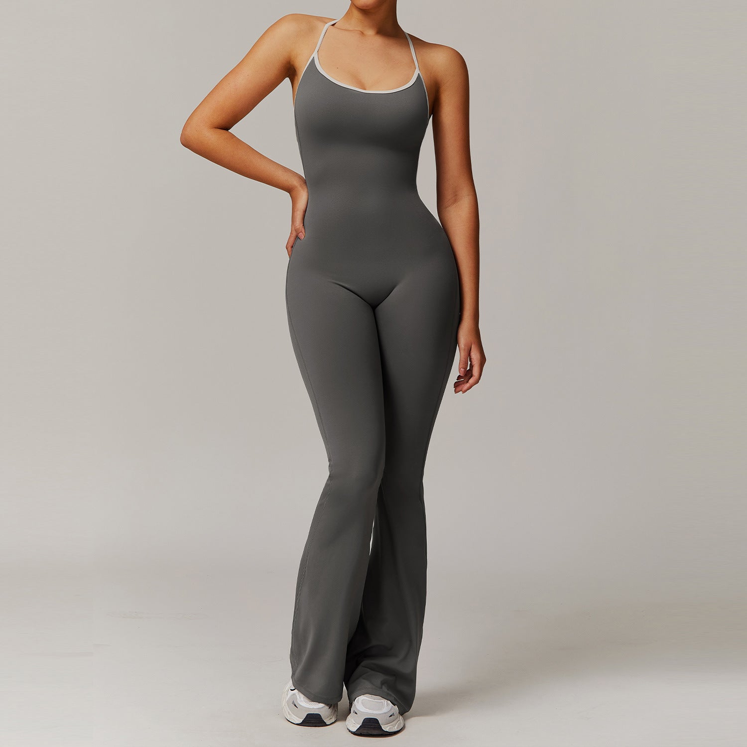 Sollinarry Nude Feel Cross Beauty Back Yoga Jumpsuit Pleated Slightly Pull Running Sports Fitness Horn Jumpsuit
